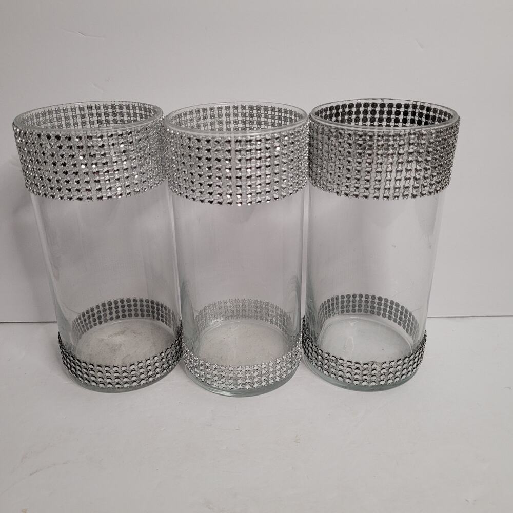 3 Rhinestone Decorated Glass Vases or Candle Holders.